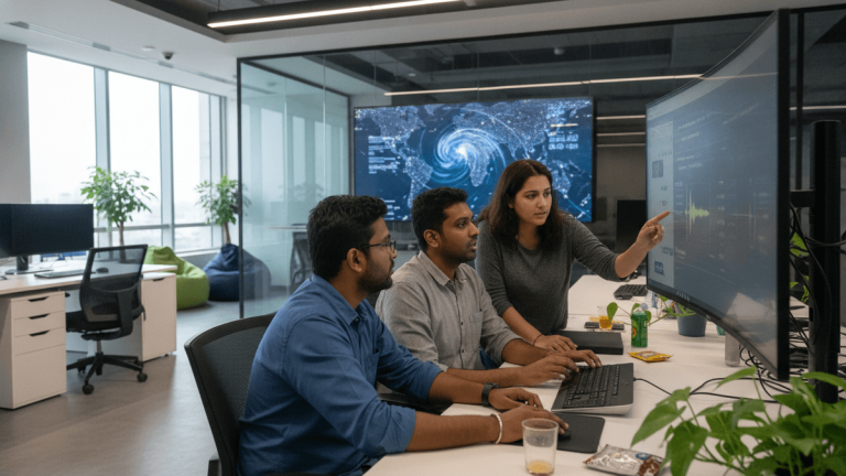 Three developers in an office, one points at a screen displaying an AI interface with Indic script.
