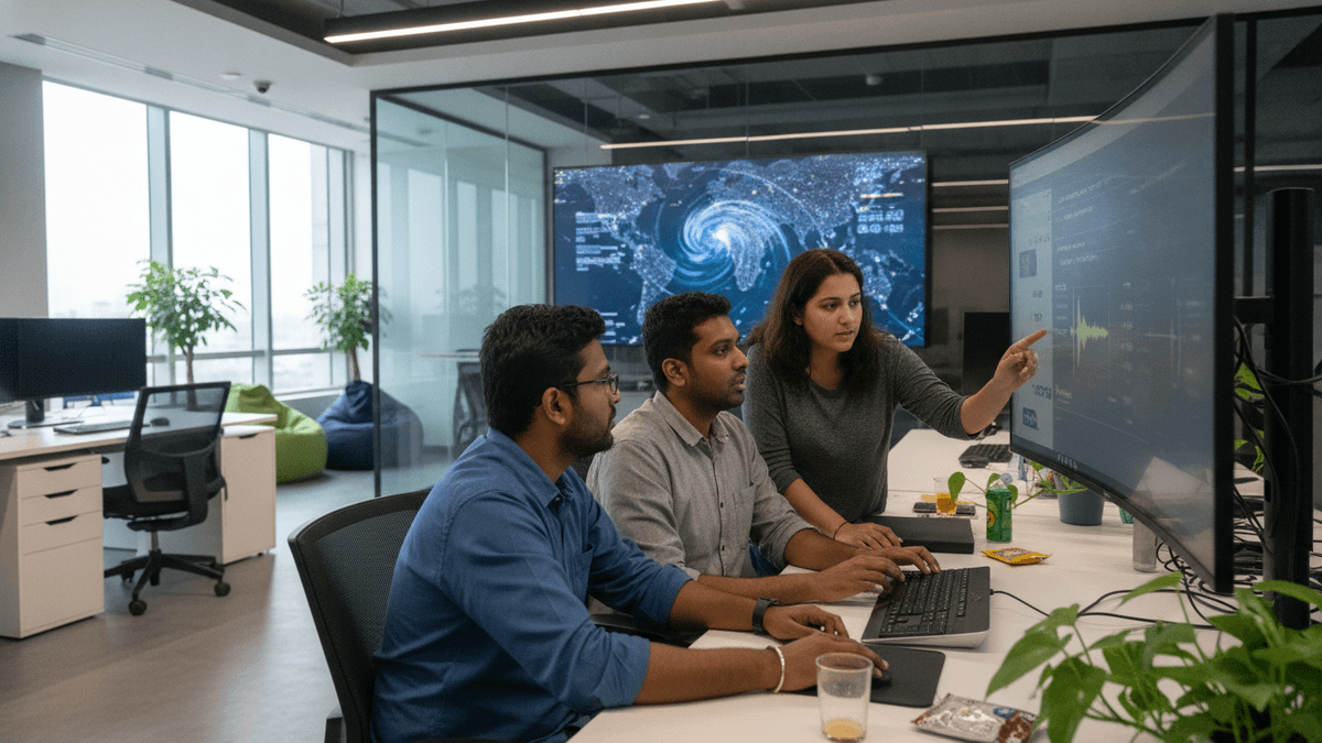 Three developers in an office, one points at a screen displaying an AI interface with Indic script.