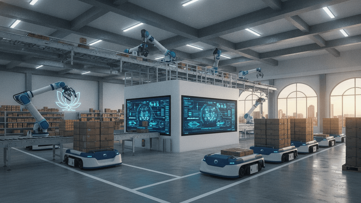 Robotic arms and automated guided vehicles (AGVs) moving boxes in a modern Indian manufacturing facility.