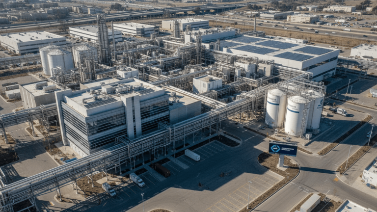 Aerial view of a large, modern pharmaceutical manufacturing facility with various industrial buildings, tanks, and solar panels.