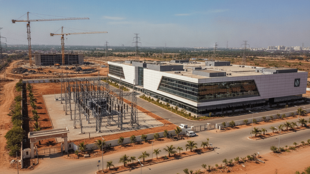 Aerial view of a modern data center building next to a power substation, with construction cranes in the background.