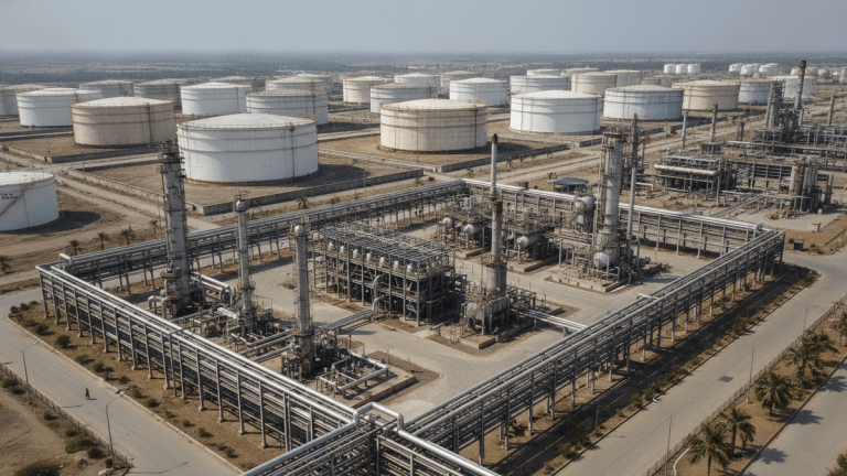 An aerial wide shot of a large Indian oil refinery with numerous crude oil storage tanks and industrial infrastructure.