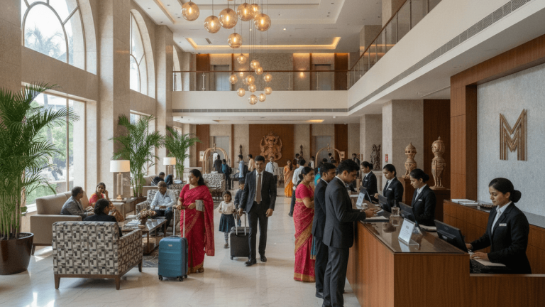 A wide shot of a bright, modern Indian hotel lobby with guests checking in, socializing, and moving through the space.