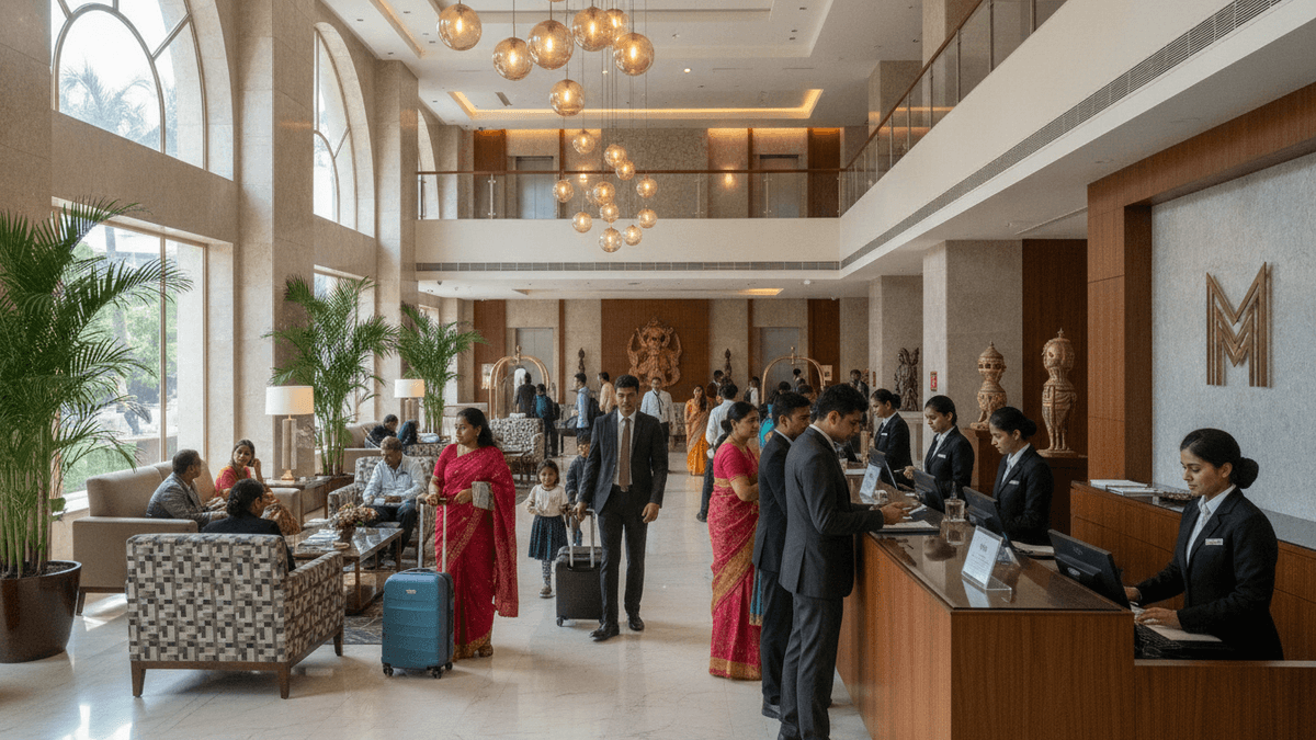 A wide shot of a bright, modern Indian hotel lobby with guests checking in, socializing, and moving through the space.