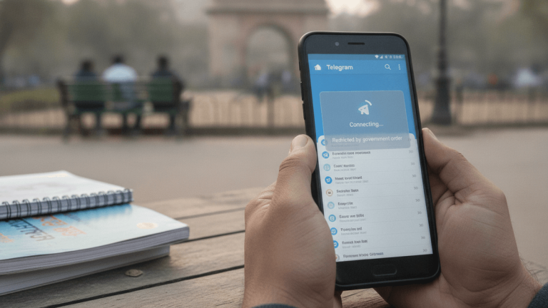 A person holds a smartphone displaying the Telegram app, stuck on a loading screen with a "Restricted by government order" message.