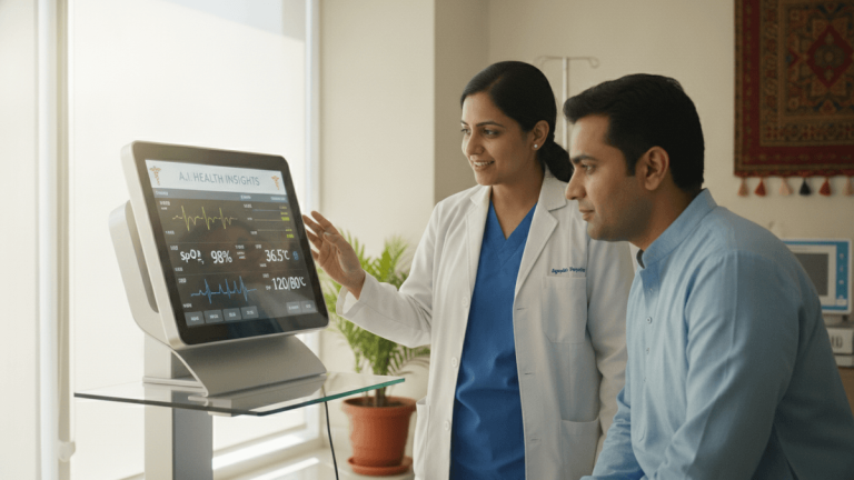 A female doctor in a white coat and a male patient in a light blue kurta observing a sleek AI patient monitoring device.