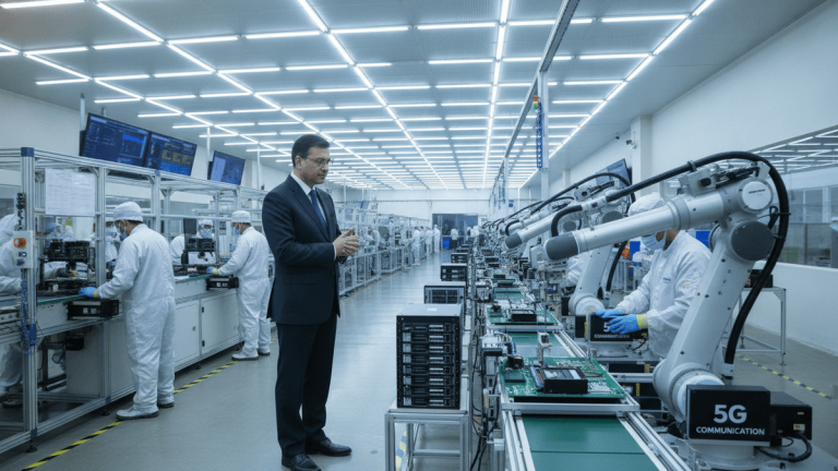 A man in a suit watches robotic arms and technicians on a brightly lit electronics production line in a wide shot.