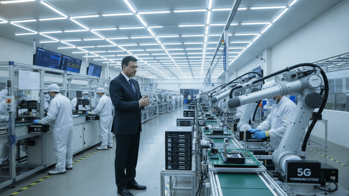 A man in a suit watches robotic arms and technicians on a brightly lit electronics production line in a wide shot.
