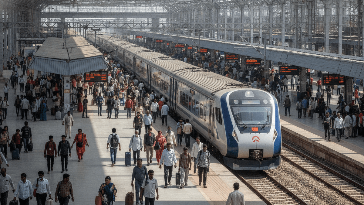 A modern white and blue express train at a crowded station platform with numerous passengers walking.