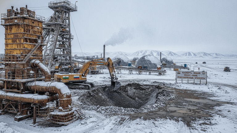 An industrial open-pit mine in a snowy, vast landscape with an excavator digging, large rusty structures, and geodesic domes in the background.