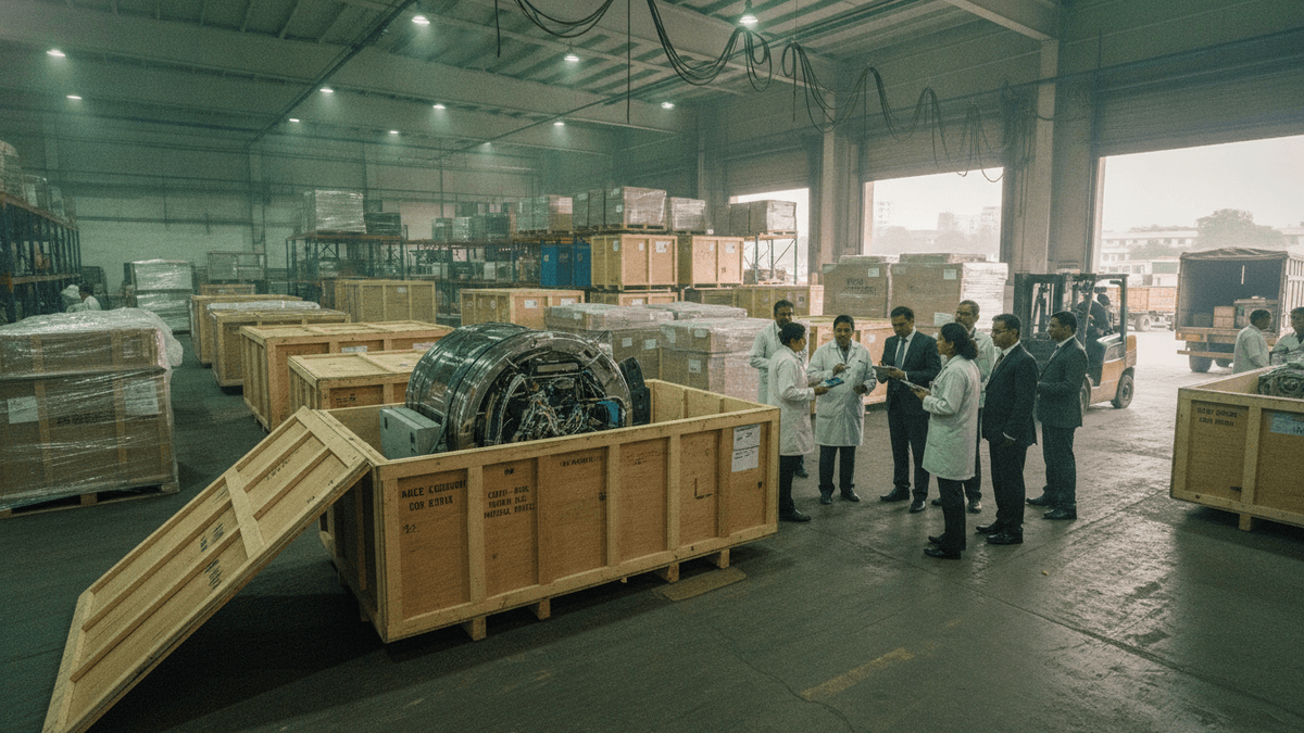 A group of individuals, some in lab coats, stand around an open wooden crate containing complex medical equipment inside a large warehouse. Forklifts and other crates are visible.