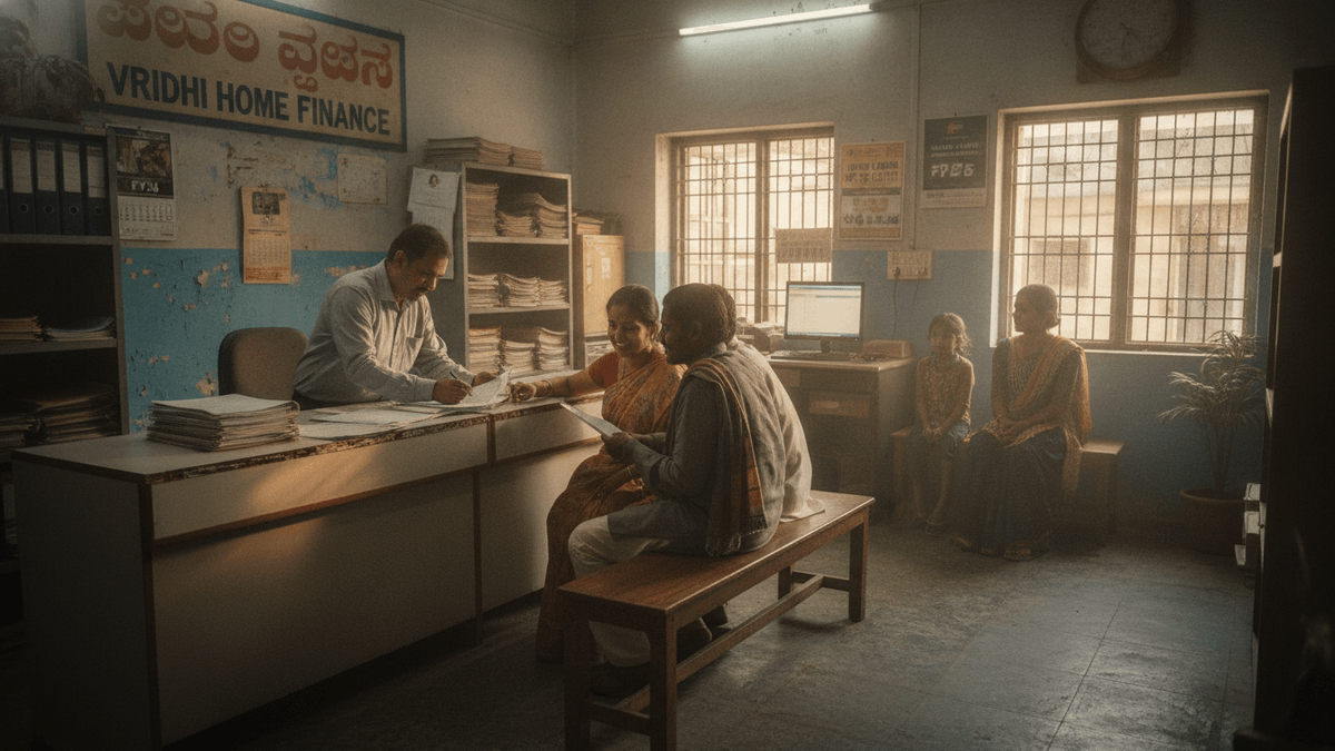 An interior shot of a Vridhi Home Finance branch office. A loan officer is seated at a desk assisting a couple. Two children wait near a window.