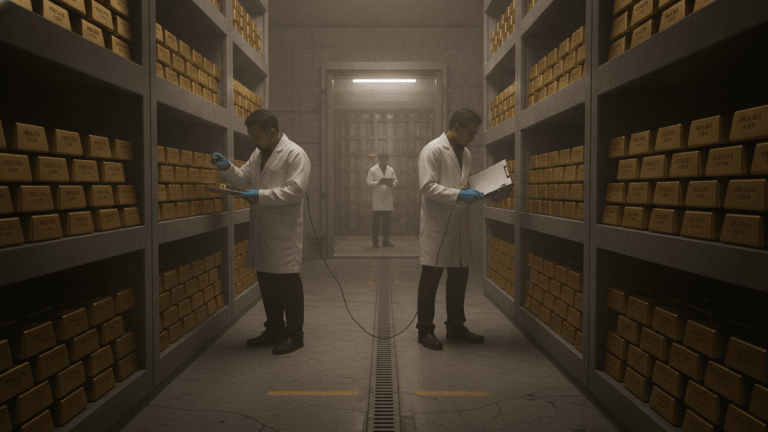 Three men in white lab coats and blue gloves inspecting rows of gold bars on shelves inside a secure vault.