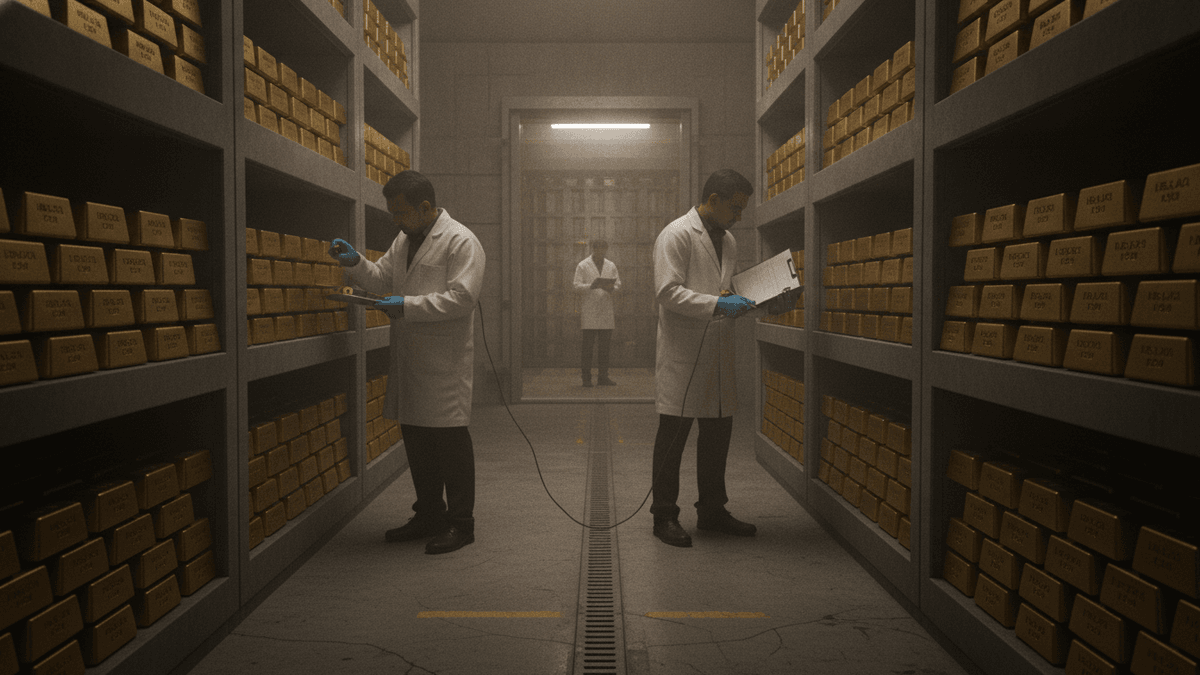 Three men in white lab coats and blue gloves inspecting rows of gold bars on shelves inside a secure vault.