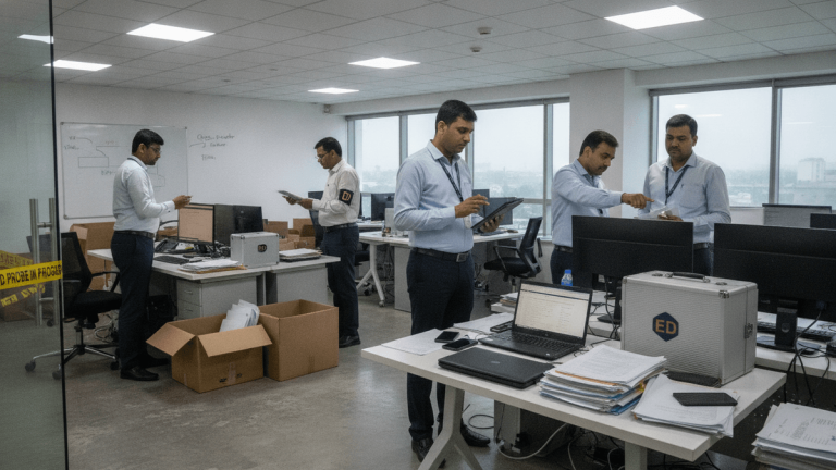 An open-plan office space with several men in light blue shirts and dark trousers, some holding tablets, inspecting documents and computers.