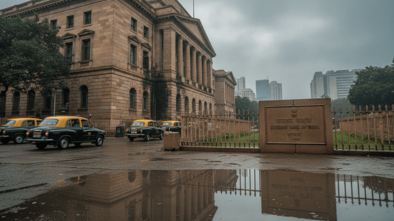 View of the imposing, classic brown stone facade of the Reserve Bank of India building under an overcast sky, with old taxis on the wet street