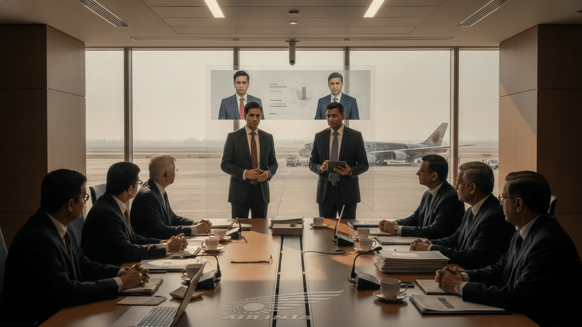 An executive boardroom overlooking an airport tarmac, with a large screen showing two potential CEO candidates.