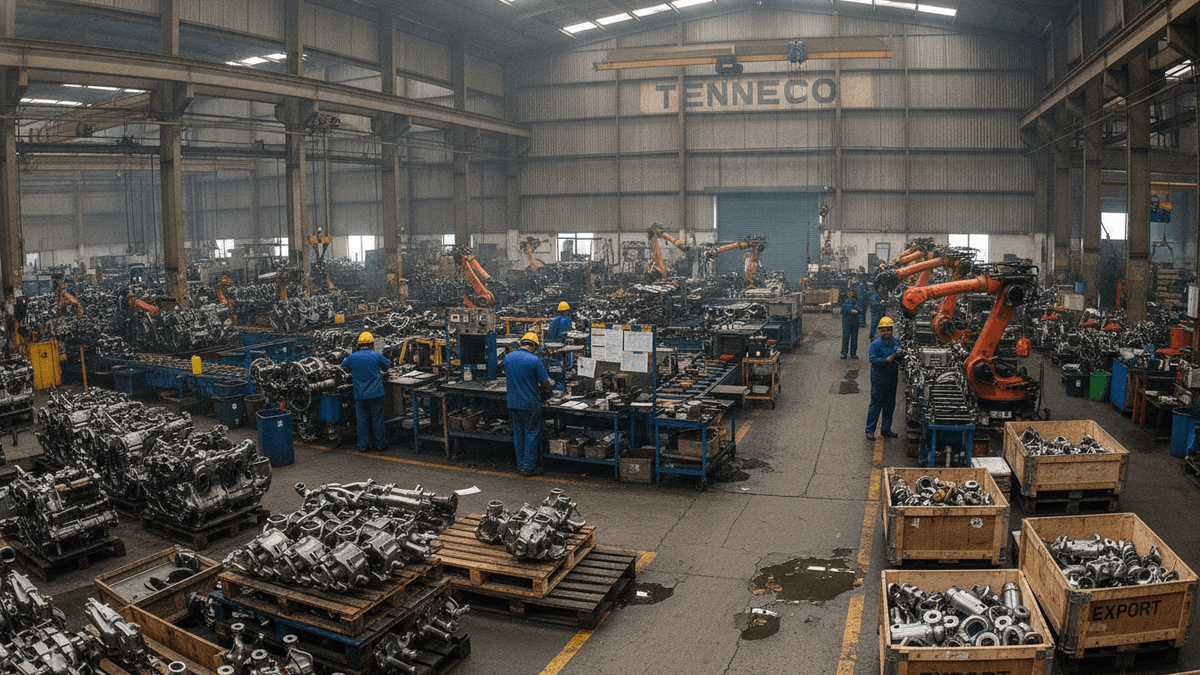 Wide shot of an Indian automotive component factory floor with robots, parts, and workers.