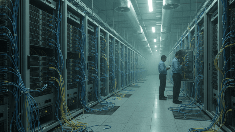 Two Indian male technicians in collared shirts stand in a cold data center aisle, facing server racks with blue and yellow cables.
