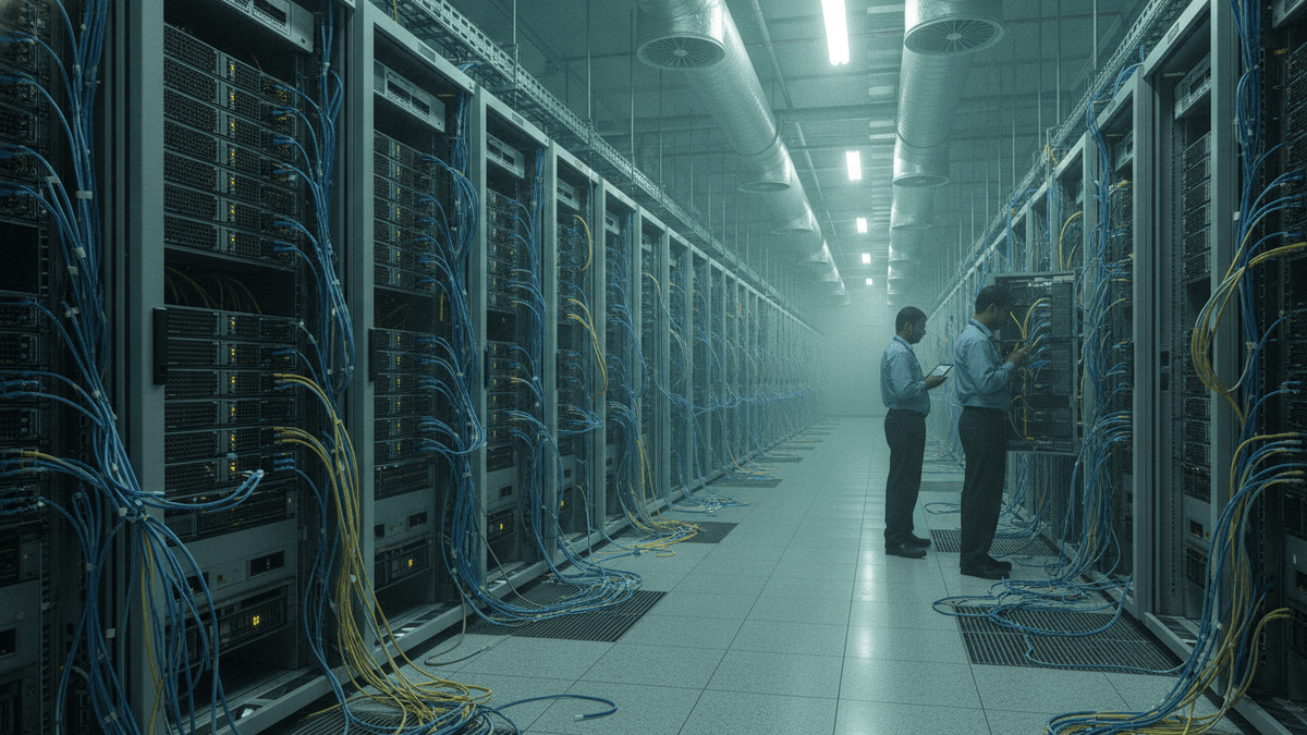 Two Indian male technicians in collared shirts stand in a cold data center aisle, facing server racks with blue and yellow cables.