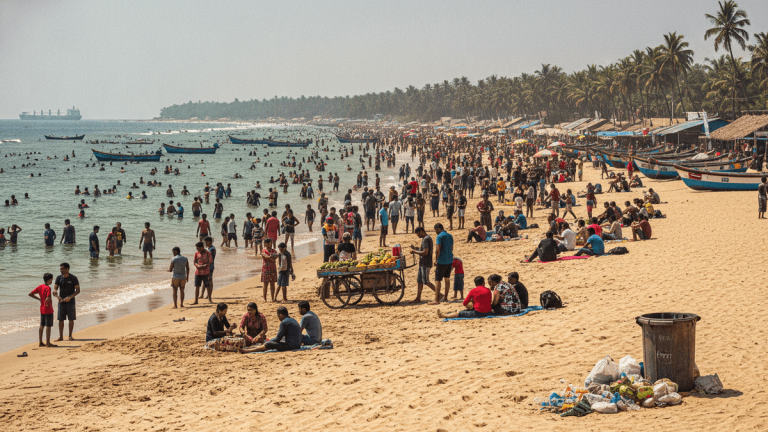 A wide shot of a bustling beach in Goa, India, with many tourists, local boats, and a fruit vendor cart on the sand.