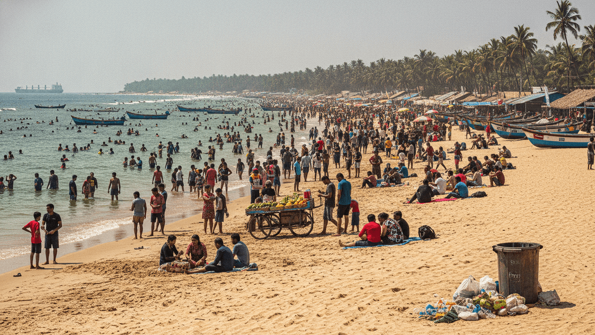 A wide shot of a bustling beach in Goa, India, with many tourists, local boats, and a fruit vendor cart on the sand.