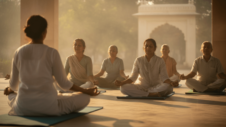 A group of elderly women meditate in a lotus position on yoga mats, facing away from the viewer towards a distant instructor.