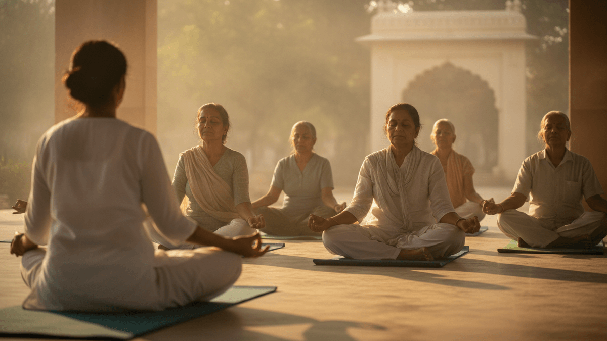 A group of elderly women meditate in a lotus position on yoga mats, facing away from the viewer towards a distant instructor.