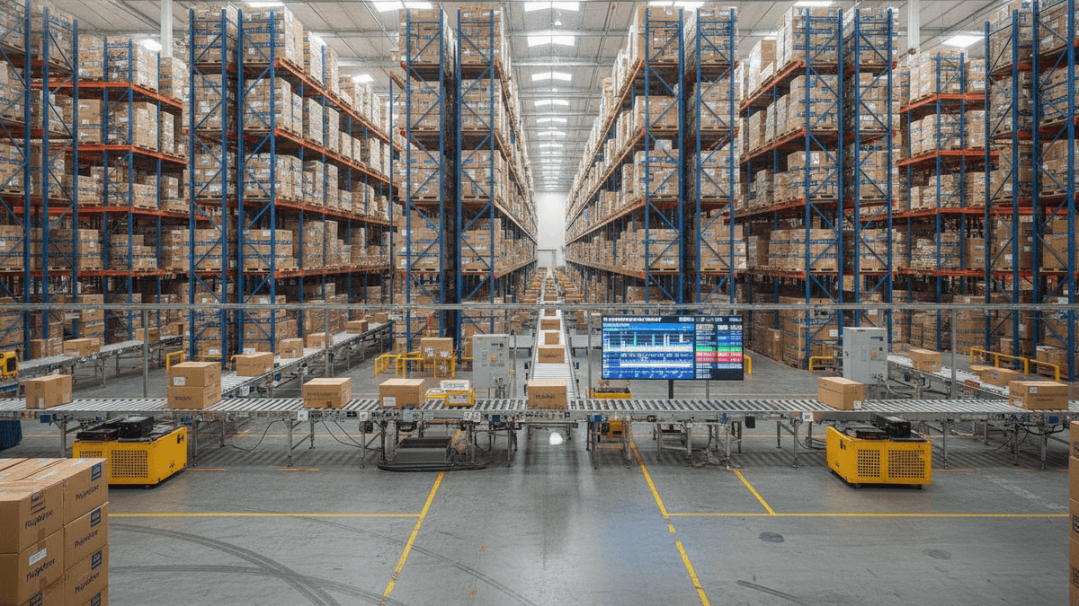 Wide shot of a large, modern e-commerce warehouse with automated conveyors and storage shelves.