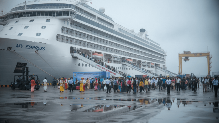 Wide shot of a large white cruise ship docked at a wet port, with many people disembarking down gangways.
