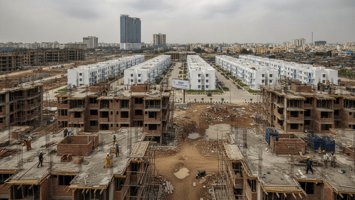 An aerial shot of a large housing development under construction, with new white buildings and partially built concrete structures.
