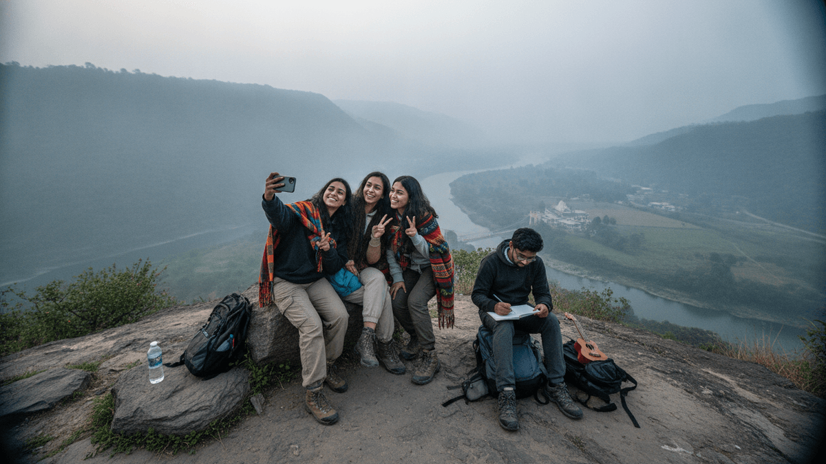 Four young adults on a rocky mountain peak. Three women take a selfie, while a man sits and writes in a notebook. A river winds through a misty valley below.