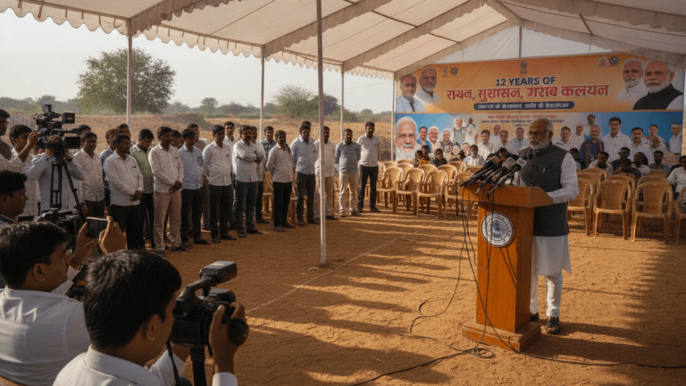Union Minister Hardeep Singh Puri speaks at a wooden podium under a white tent to reporters and a crowd.