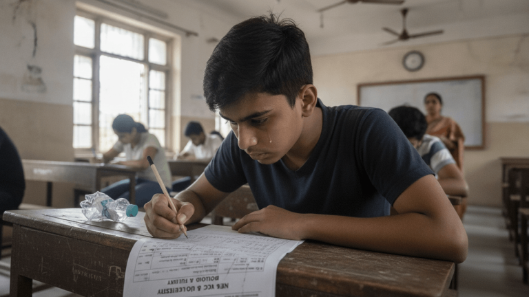 A young male student in a dark t-shirt intensely focuses on a paper exam at a wooden desk in a classroom.