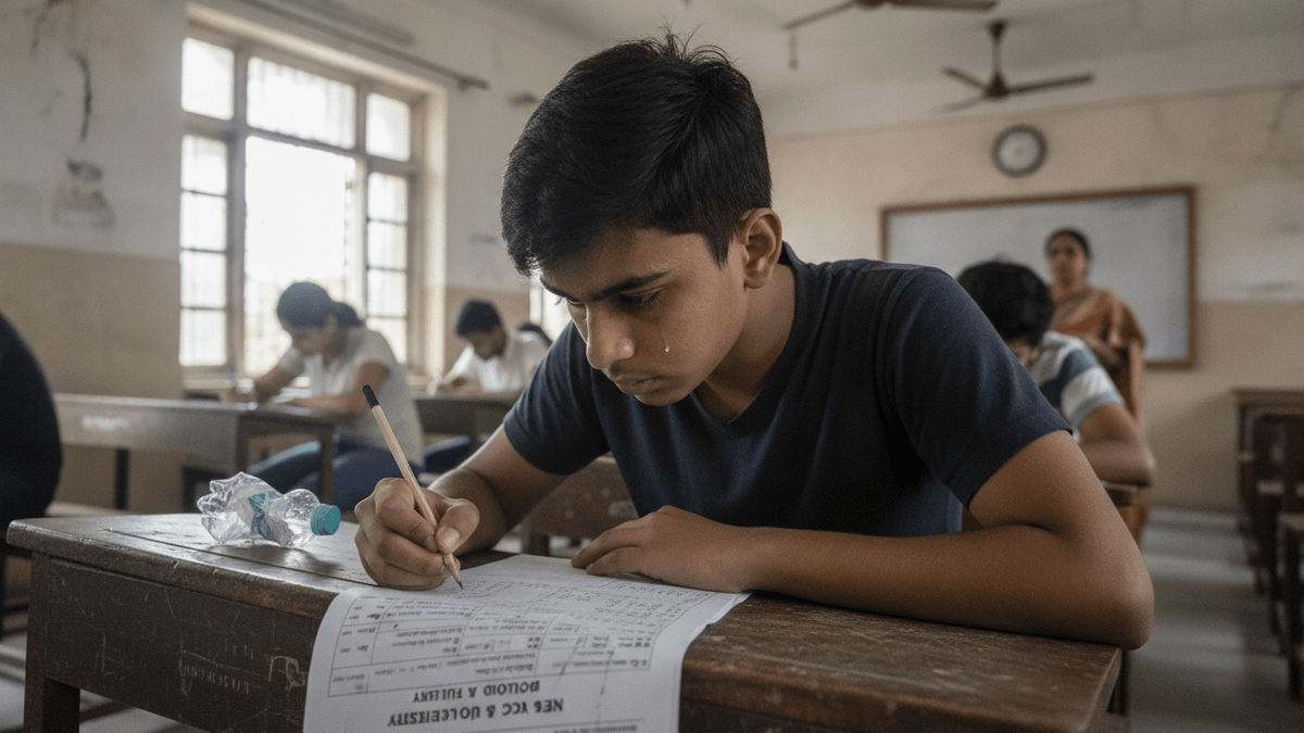 A young male student in a dark t-shirt intensely focuses on a paper exam at a wooden desk in a classroom.