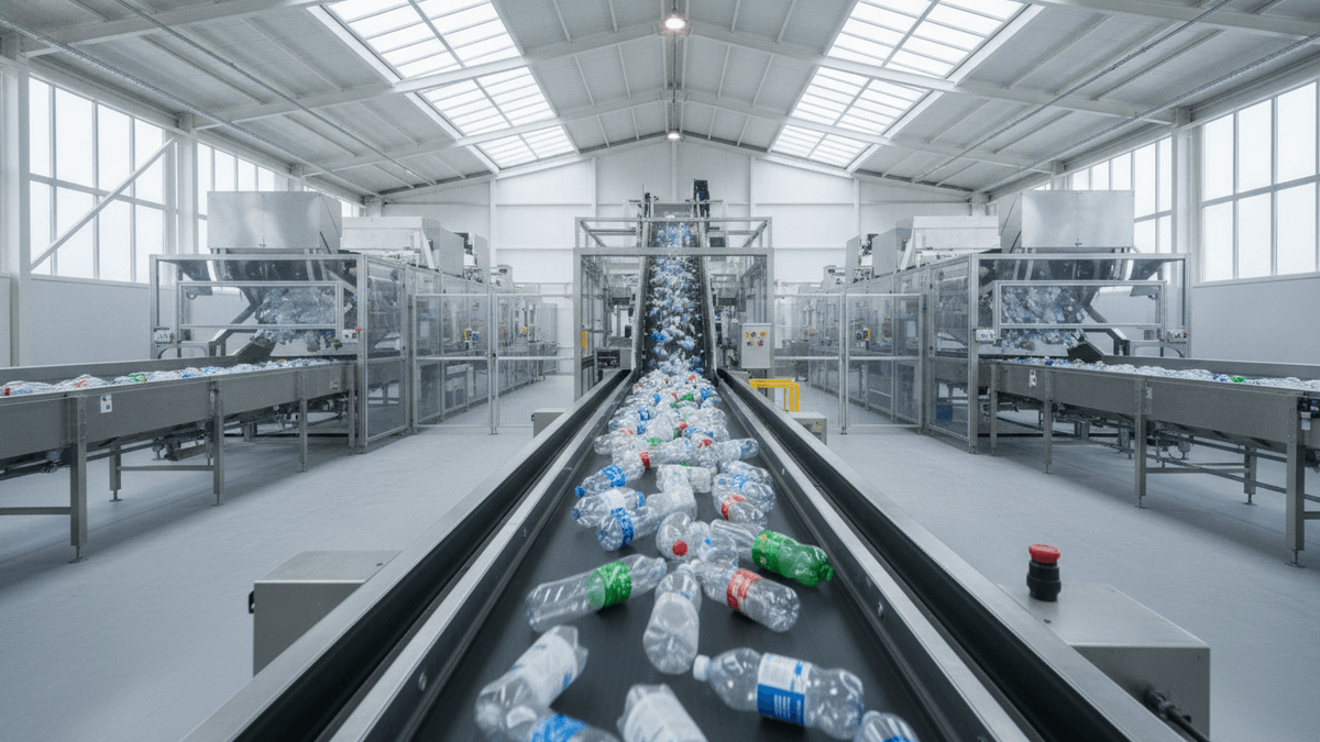 Wide shot of plastic bottles on a conveyor belt in a large, bright, modern recycling facility.