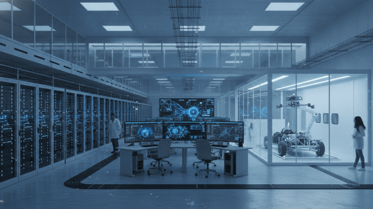 A modern technology campus with server racks, AI displays, and an autonomous vehicle chassis in a testing bay.