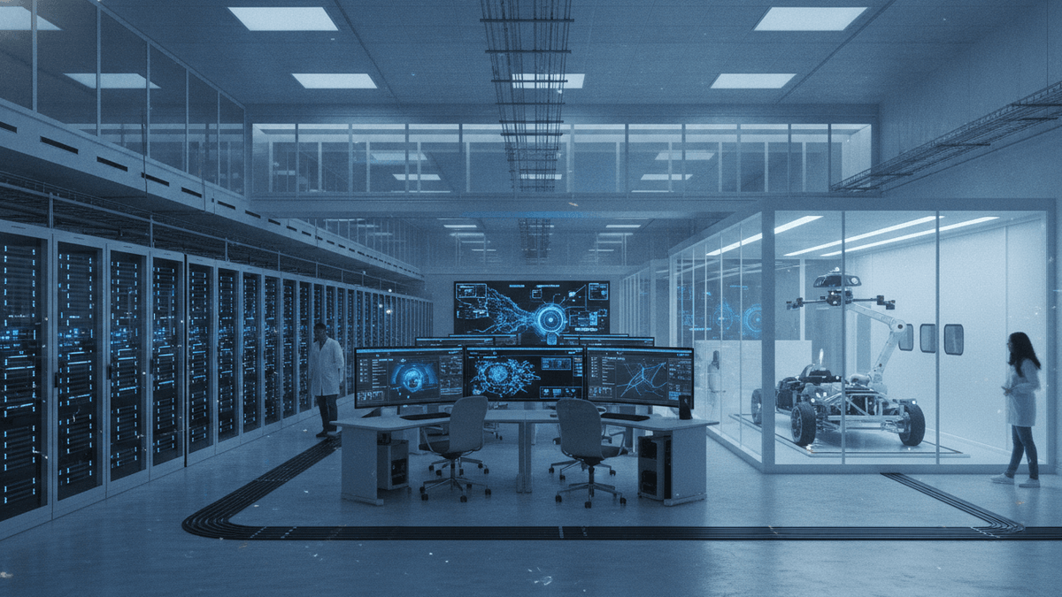 A modern technology campus with server racks, AI displays, and an autonomous vehicle chassis in a testing bay.