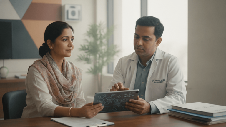 A female patient and a male oncologist in a white coat are seated at a table, looking at a tablet.