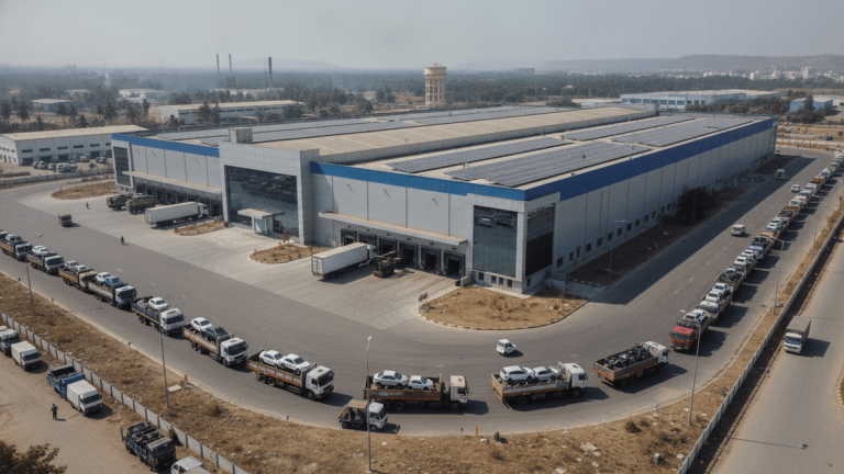 Aerial wide shot of a modern factory building in an industrial park, surrounded by trucks carrying vehicles.