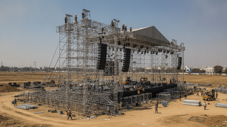 Construction workers assemble a large temporary concert stage made of scaffolding and modular components in a vast, open field.