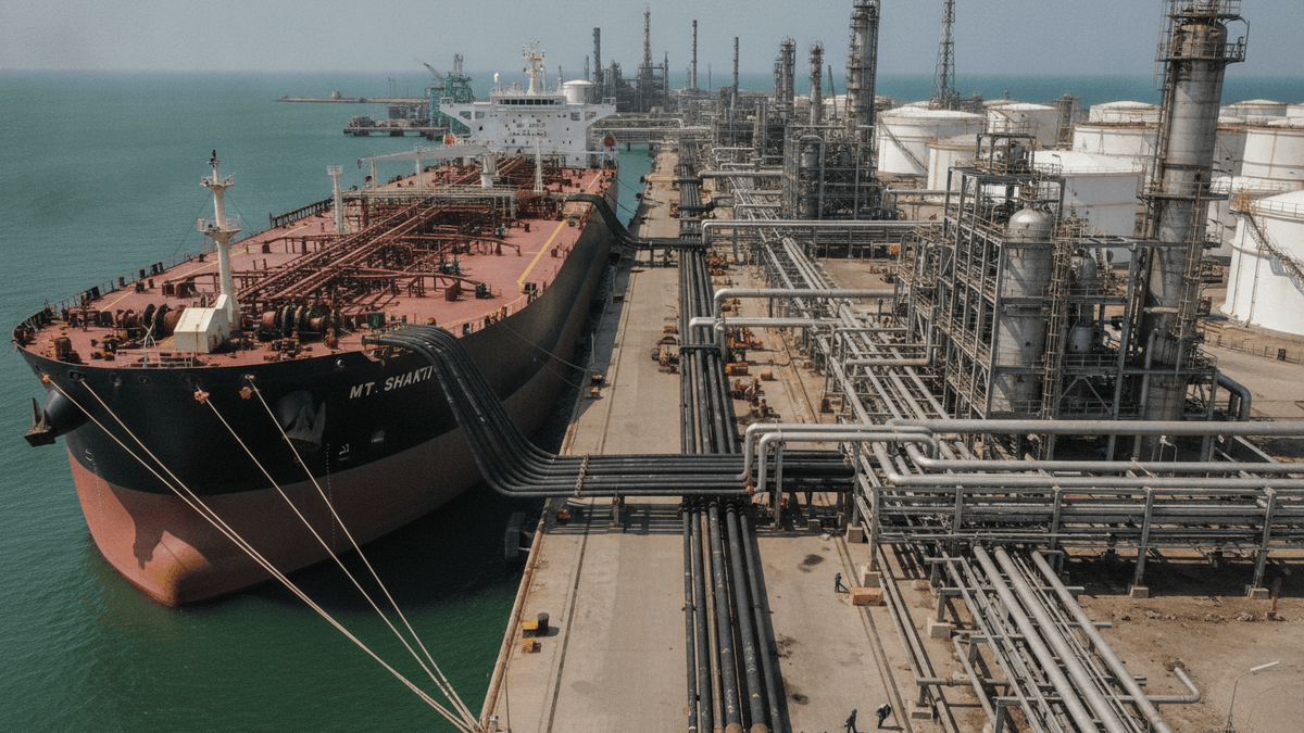 An oil tanker docked at a pier, connected by pipes to an oil refinery under clear daylight.