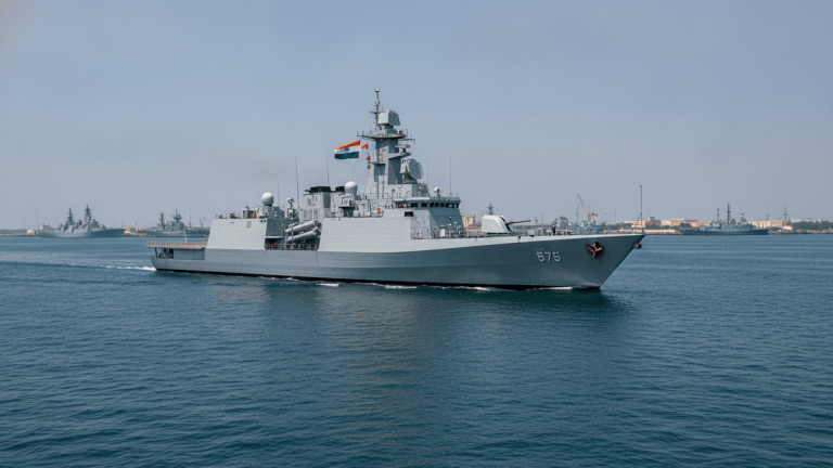 A modern gray warship with "575" on its bow, an Indian flag, and visible radar systems, on blue water.