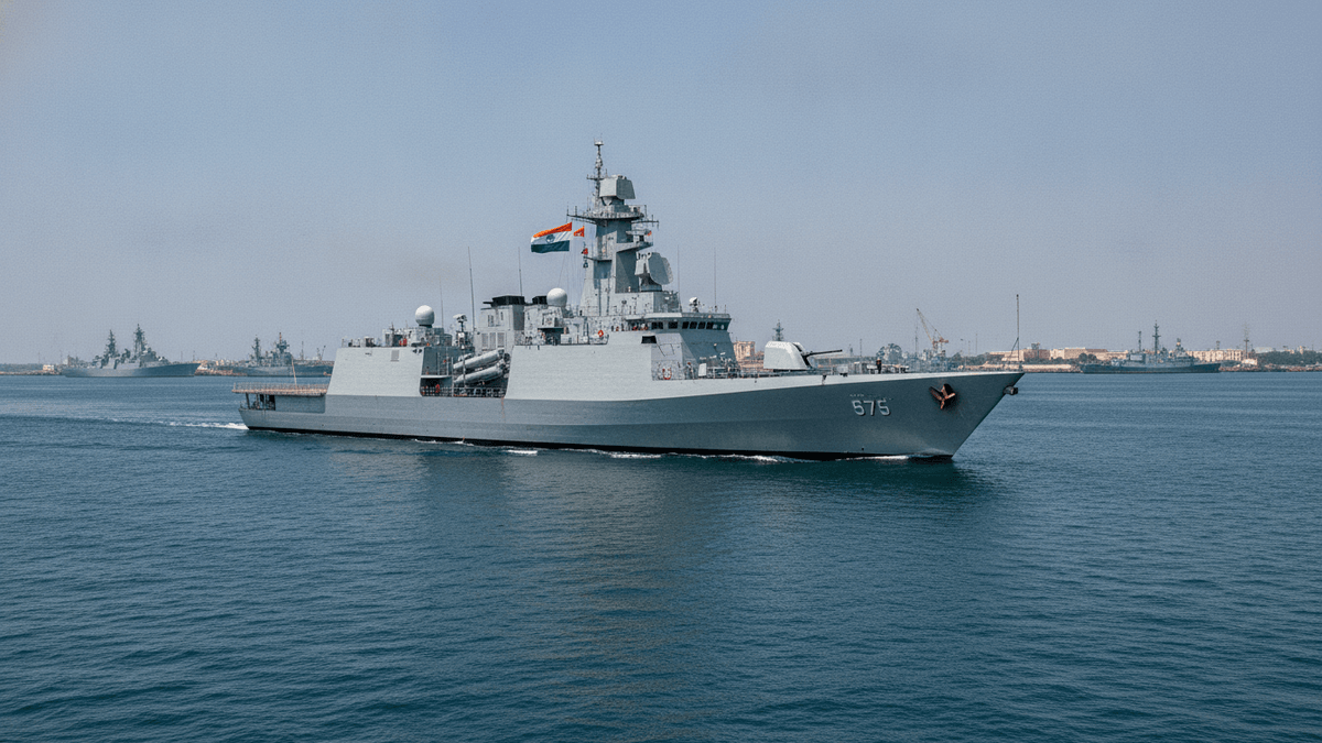 A modern gray warship with "575" on its bow, an Indian flag, and visible radar systems, on blue water.