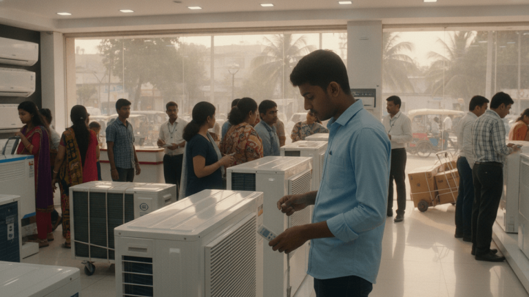 A medium shot of a busy Indian electronics store with customers examining various room air conditioner models under bright lighting.