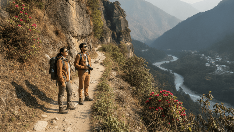 Two travelers, a man and a woman, stand on a winding dirt path overlooking a river valley in the Himalayas.