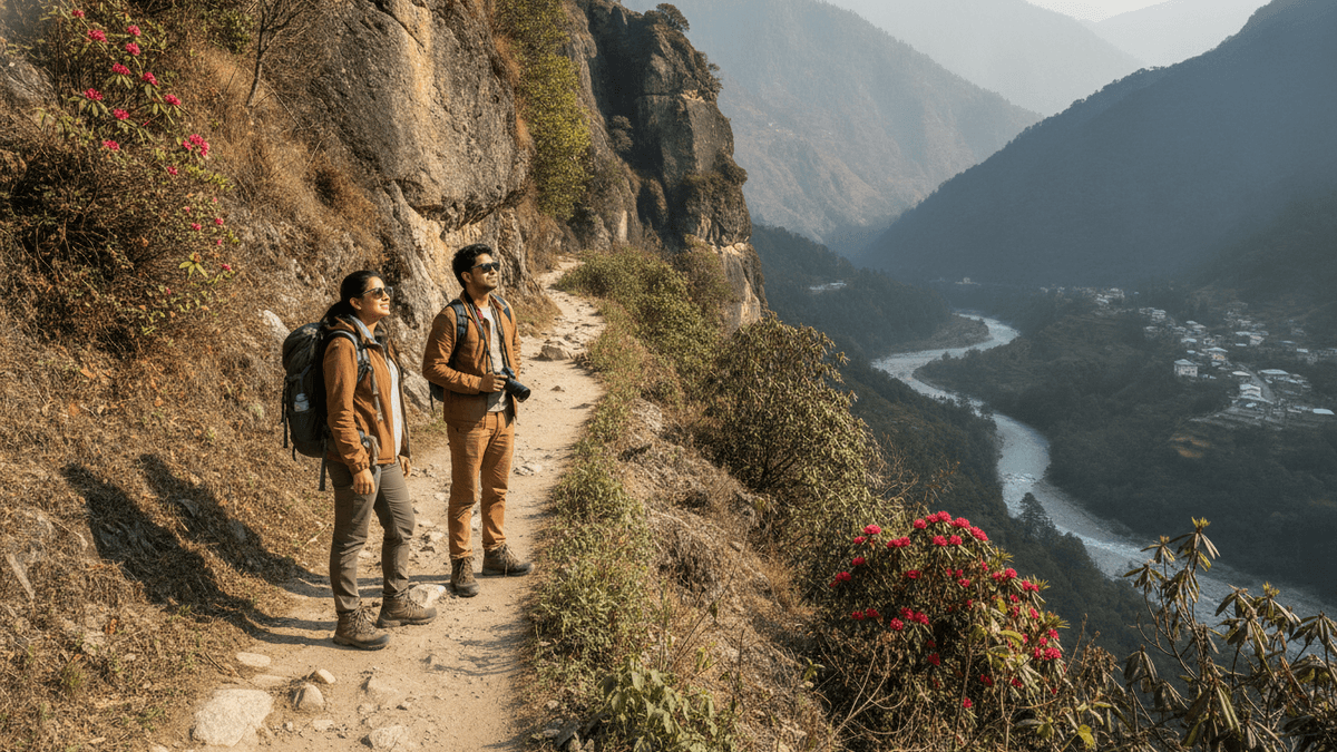 Two travelers, a man and a woman, stand on a winding dirt path overlooking a river valley in the Himalayas.