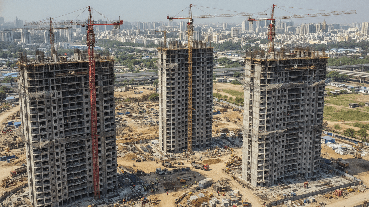 Aerial view of a large construction site with three partially built high-rise residential towers, cranes, scaffolding, and workers.