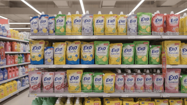 Eye-level medium shot of Exo dishwash products on a retail shelf, with multiple variants visible and blurred background products.