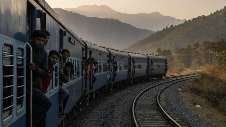 A six-coach blue passenger train is moving on a railway line through a valley, with many passengers standing in open doorways.